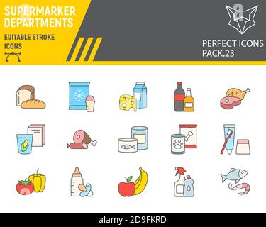 Supermarket departments color line icon set, grocery collection, vector sketches, logo illustrations, online sales icons, supermarket department signs Stock Vector