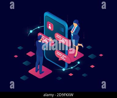 Vector of a businessman and businesswoman chatting online on a mobile phone platform Stock Vector
