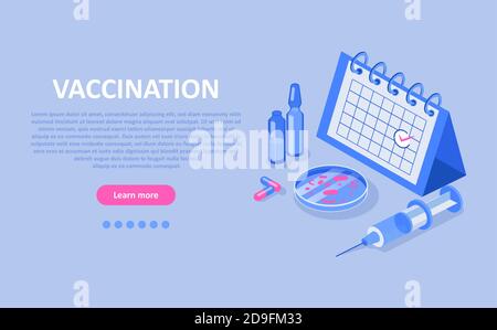 Vaccination concept. Vector of vials, syringe and calendar Stock Vector
