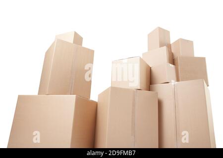 Cardboard boxes stack, low angle view isolated on white, clipping path Stock Photo