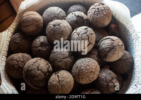 Close up of raw fresh Brazil nuts coconuts in a rustic tire bag in the amazon rainforest. Selective focus. Environment, ecology, sustainable economy. Stock Photo