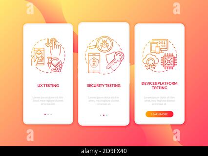 App testing components onboarding mobile app page screen with concepts Stock Vector