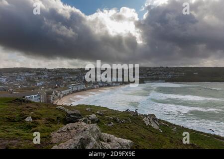 Rough seas on Porthmeor Beach, St. Ives, Cornwall, UK, from St Ives Head (aka the Island) Stock Photo