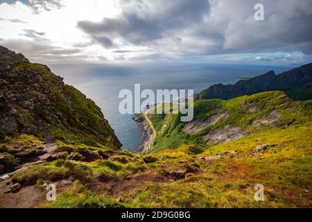 Lofoten Island aerial panorama, view from Reinebringen mountain, Reine Norway Stock Photo