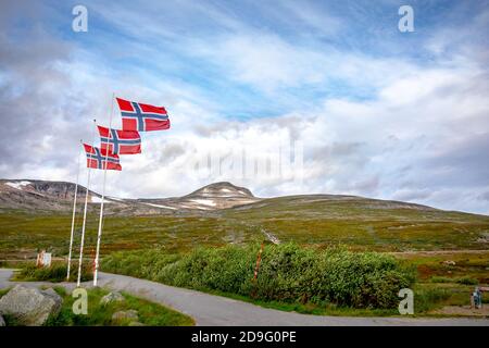 Norwegian flags at The Arctic Circle center or Polarsirkelen in Norway Stock Photo