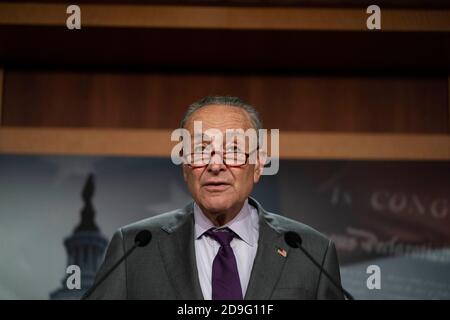 US Senate Minority Leader Chuck Schumer (D-NY) speaks during his weekly press conference at the U.S. Capitol Building on September 30, 2020 in Washington, D.C.. Credit: Alex Edelman/The Photo Access Stock Photo