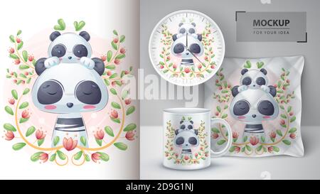 Pretty panda with baby - poster and merchandising. Stock Vector