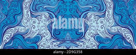 Mirror doodle fantasy wavy frame, colorful blue shades. Stock Vector