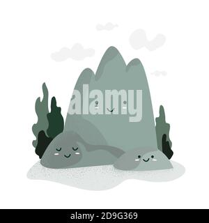 Happy Mountains day. Cute funny cartoon mountains with sweet kawaii faces, clouds and trees, isolated on white background. Stock Vector