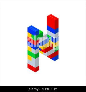 Isometric font made from color plastic blocks. The childrens designer. Letter N. Vector illustration Stock Vector