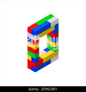 Isometric font made from color plastic blocks. The childrens designer. Letter O. Stock Vector