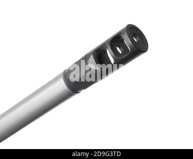 Black muzzle brake on a silver rifle barrel isolated on white Stock ...