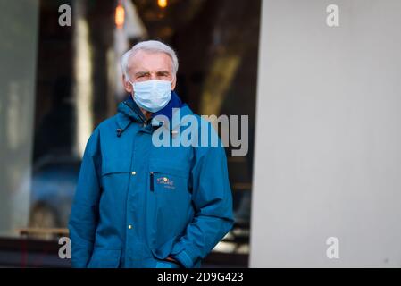RIGA, LATVIA. 13th October 2020. Senior man wearing face protective mask. Stock Photo