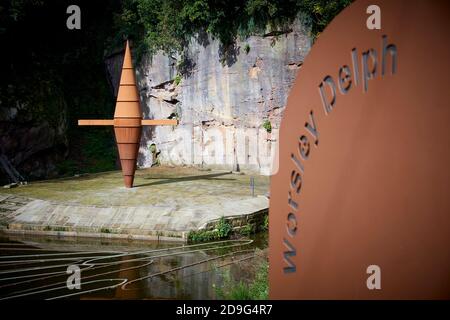 Corten steel sculpture for Worsley Delph basin project by DP Structures at Bridgewater Canal Stock Photo
