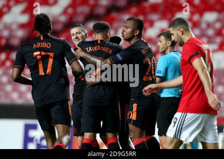 Lisbon, Portugal. 5th Nov, 2020. Glen Kamara of Rangers FC celebrates with teammates after scoring during the UEFA Europa League group D football match between SL Benfica and Rangers FC at the Luz stadium in Lisbon, Portugal on November 5, 2020. Credit: Pedro Fiuza/ZUMA Wire/Alamy Live News Stock Photo