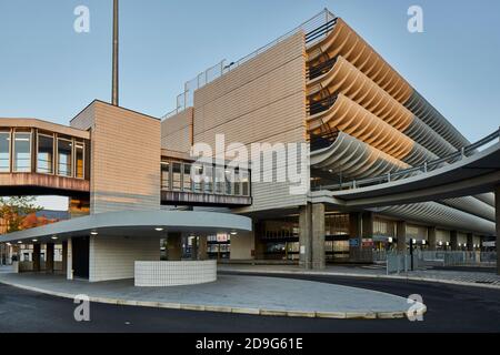 Grade II listed Preston town centre bus station by Ove Arup and Partners in the Brutalist architectural style design by Keith Ingham and Charles Wilso Stock Photo
