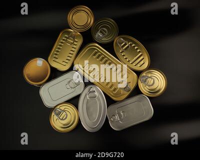 Different types of cans with prepared foods for consumption, vegetables, fish and meat Stock Photo