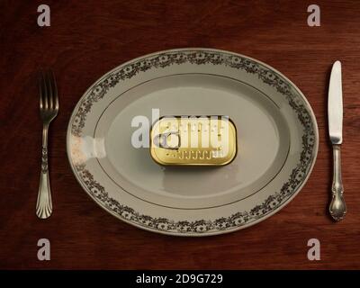 Different types of cans with prepared foods for consumption, vegetables, fish and meat Stock Photo