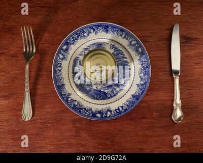 Different types of cans with prepared foods for consumption, vegetables, fish and meat Stock Photo