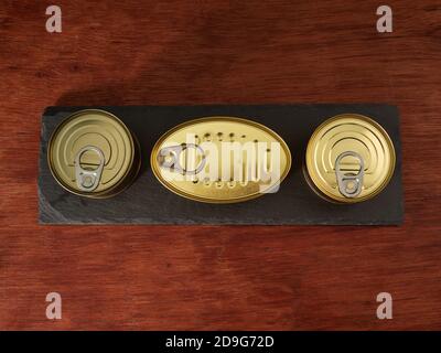Different types of cans with prepared foods for consumption, vegetables, fish and meat Stock Photo
