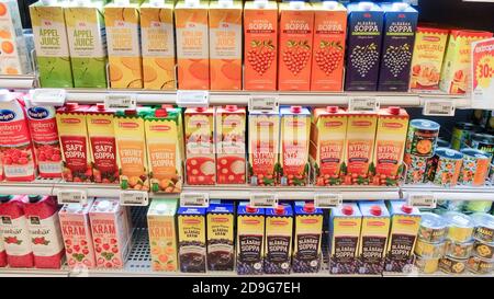 Large choice of fruit soup in a swedish grocery store Stock Photo