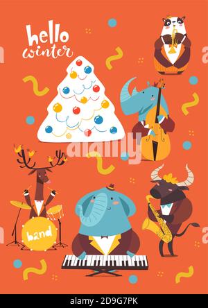 Christmas cartoon poster with hello winter lettering and cute jazz musicians characters. Stock Vector