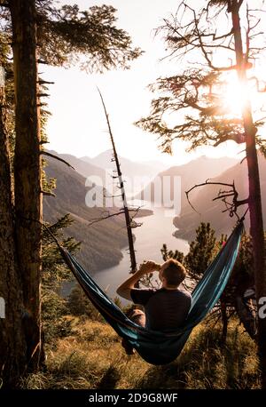 stunning sunrise at Schönjöchl with panoramic views over Plansee in Austria Stock Photo