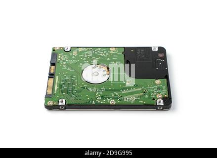 Disassembled HDD on a white background. Side view. Stock Photo
