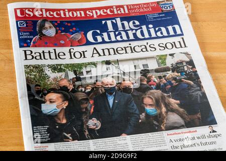 Battle for America's soul headline in Guardian on American election day 4 November 2020. Stock Photo