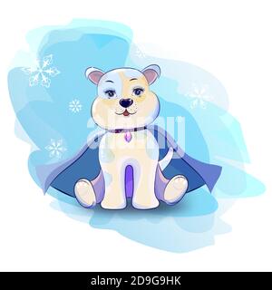 Cute cartoon dog on a white background. With snowflakes. Ice blue. Dog with a pendant. Stock Vector