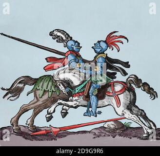 Jousting. Renaissance. Jousters with lances. Engraving by Jost Amman ...