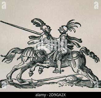 Jousting. Renaissance. Jousters with lances. Engraving by Jost Amman ...
