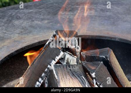 Holzscheite auf einer Feuerstelle Stock Photo