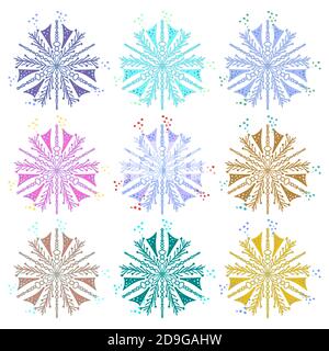 Set of snowflakes. Unusually beautiful shape. Different colours. Snowflakes on a white isolated background. Vector illustration. Stock Vector