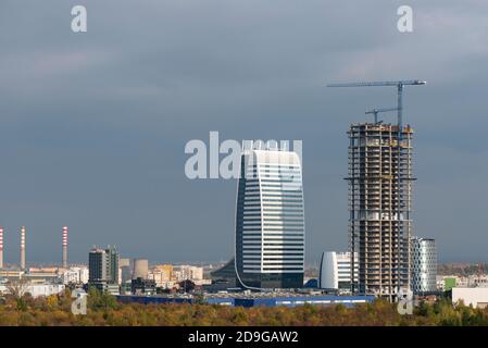 Sky Fort office building development and under construction site by A&A Architects and completed Capital Fort in Sofia Bulgaria as of October 2020 Stock Photo