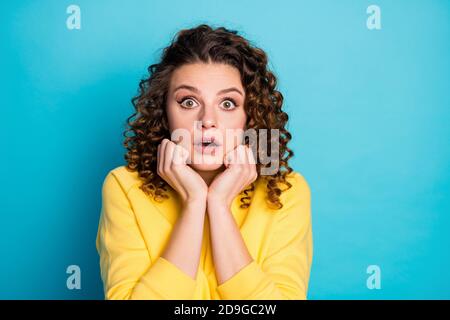 Close-up portrait of her she nice-looking attractive lovely pretty worried unsure scared wavy-haired girlfriend staring eyes isolated over bright Stock Photo