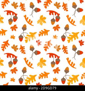 Fall maple and oak leaves acorns seamless pattern Stock Vector