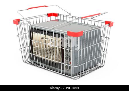 Convection toaster oven inside shopping basket, 3D rendering isolated on white background Stock Photo