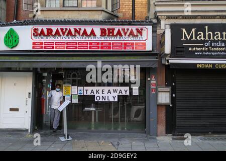 London, UK. 5th Nov, 2020. Photo taken on Nov. 5, 2020 shows a restaurant offering only takeaway service in London, Britain. British Prime Minister Boris Johnson on Thursday said that the month-long lockdown in England, which came into force earlier in the day, is enough to 'make a real impact' and will end on Dec. 2 as planned. The average number of new cases each day is now 22,398, was up from 9,716 a month ago, he added. Credit: Tim Ireland/Xinhua/Alamy Live News Stock Photo