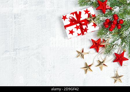Christmas decoration flat lay template red golden stars Stock Photo