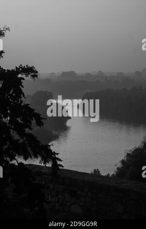 Vertical shot of a river surrounded by dense forest Stock Photo