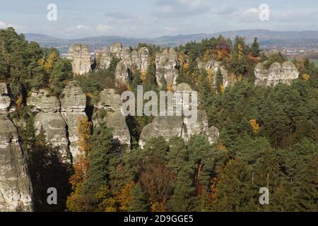 Hruboskalsko rock formations pictured from the Lookout to the Ensemble (Vyhlídka na Kapelu) in the Bohemian Paradise (Český ráj) landscape area near Hrubá Skála in North Bohemia, Czech Republic. Stock Photo