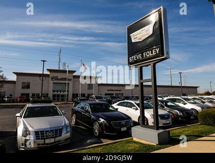 Illinois, USA. 5th Nov, 2020. Photo taken on Nov. 5, 2020 shows vehicles at the Foley Cadillac Dealership in Northbrook, Illinois, the United States. U.S. General Motors Co. (GM) announced on Thursday that it raked in earnings of 4 billion U.S. dollars in the third quarter of this year, thanks to strong sales of crossover, pickup and SUVs. Credit: Joel Lerner/Xinhua/Alamy Live News Stock Photo