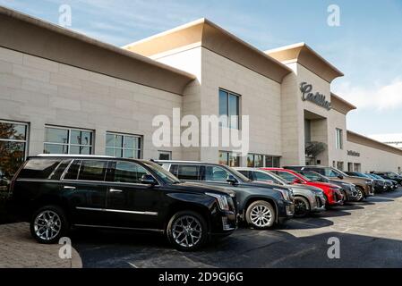 Illinois, USA. 5th Nov, 2020. Photo taken on Nov. 5, 2020 shows vehicles at the Foley Cadillac Dealership in Northbrook, Illinois, the United States. U.S. General Motors Co. (GM) announced on Thursday that it raked in earnings of 4 billion U.S. dollars in the third quarter of this year, thanks to strong sales of crossover, pickup and SUVs. Credit: Joel Lerner/Xinhua/Alamy Live News Stock Photo