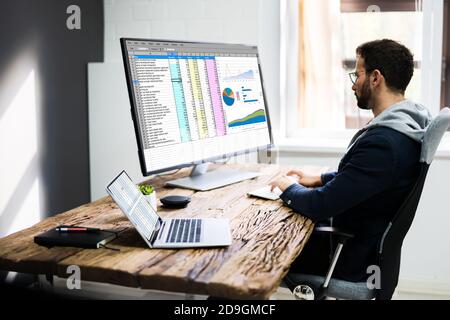 Analyst Employee Using Spreadsheet On Computer Screen Stock Photo
