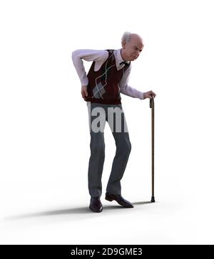 An eccentric senior man with a walking cane suffering from back pain, isolated on white background,  3d render. Stock Photo