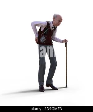 3d render of an old man with walking frame holding up a blank placard ...