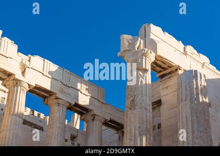 View of the upper part of the Doric columns, Propylaea in Athens Stock Photo