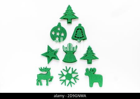 Creative christmas tree layout made from felt decorations. Flat lay. Holiday festive minimal concept Stock Photo