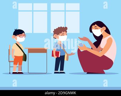 back to school, teacher who apply hand sanitizer to students wearing face masks, new normal lifestyle vector illustration Stock Vector